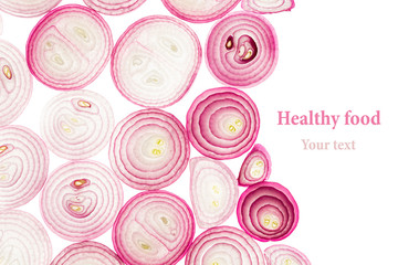 Sliced pink onion.  Isolated. Slices. Pattern. Frame with  copy space. Food background.
