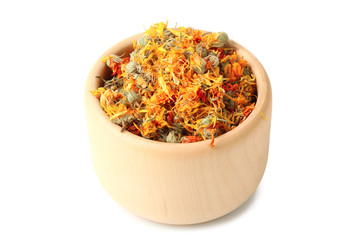 the dried flowers  calendula in wooden Mortar isolated on white background