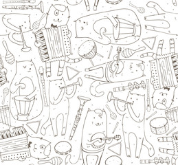 Seamless pattern with musician cats and music instruments. Cats are playing on drum, accordion, tube, guitar. Vector handdrawn illustration, cute, black and white. Kind child cartoon for kids products