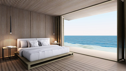 Bedroom take sea view - 3D render - obrazy, fototapety, plakaty