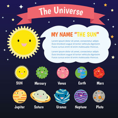 The universe kids, Infographics ,Solar system, Planets comparison, Sun and Moon , Galaxies Classification,Kids space learning,Full vector