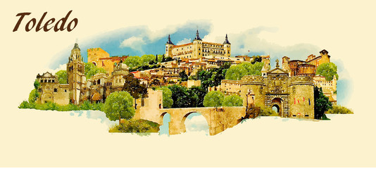 Obraz premium vector panoramic water color illustration of TOLEDO city