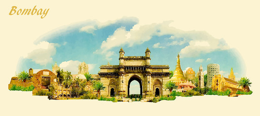 vector panoramic water color illustration of BOMBAY city