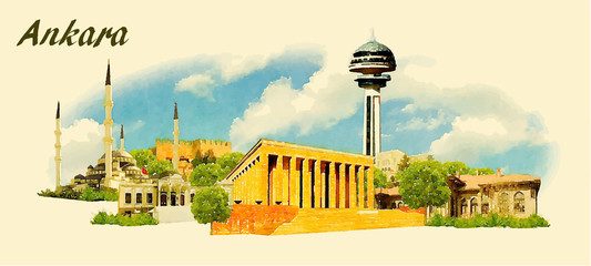 vector panoramic water color  illustration of ANKARA city - obrazy, fototapety, plakaty