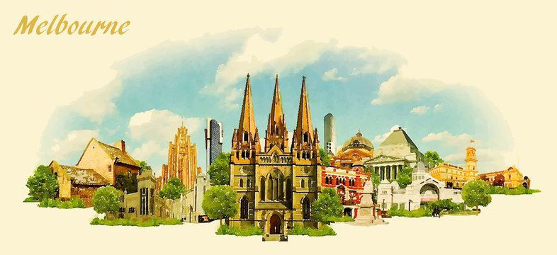 vector panoramic water color illustration of MELBOURNE city