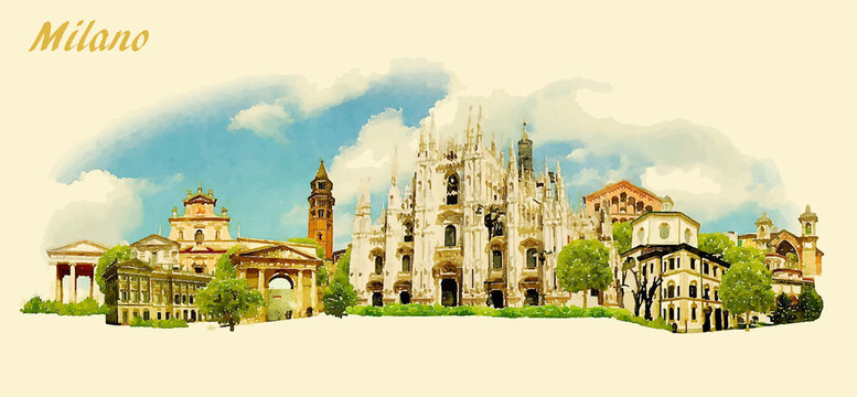 vector panoramic water color illustration of MILANO city