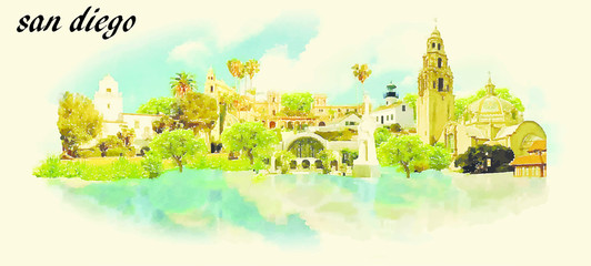 SAN DIEGO vector panoramic water color illustration - obrazy, fototapety, plakaty