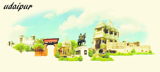 UDAIPUR (India) vector panoramic water color illustration