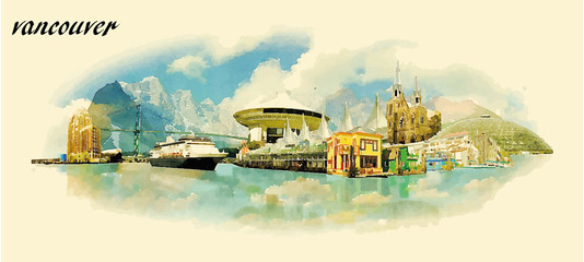 Naklejka premium VANCOUVER city water color panoramic vector illustration