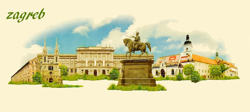 ZAGREB city panoramic vector water color illustration