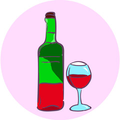 Бутылка красного вина с бокалом.