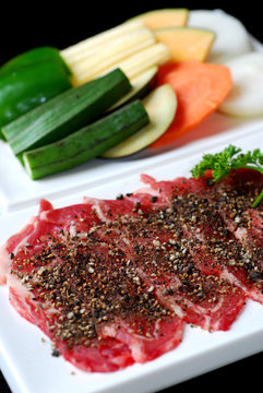 Premium raw japanese kobe beef sliced on plate with black pepper