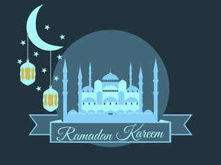 Ramadan Kareem, blue mosque, minaret, lantern and moon, muslim holiday lights on a white background. Vector.