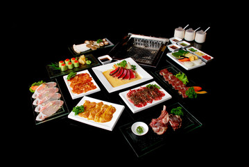 Naklejka na ściany i meble Premium raw japanese kobe beef sliced on plate with black pepper