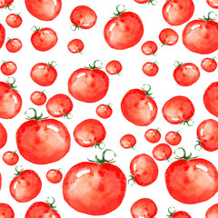     Vintage seamless pattern on a white background. Vegetables, red tomatoes, cherry tomatoes, watercolor 