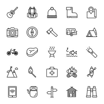 Camping, travel. Set of vector icons. Outline style
