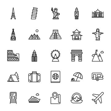 Landmarks, travel. Set of vector icons. Outline style