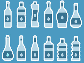 Bottle. Bottle of water. Bottle with stroke, glass with drinking straw. Vector illustration.