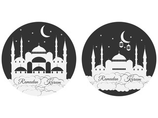 Emblems for islamic holiday Ramadan. Ramadan Kareem, blue mosque, minaret, lantern and moon, muslim holiday lights. Set isolation banners and logos.