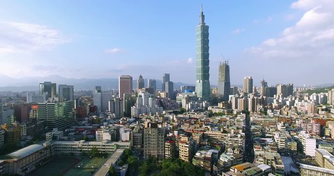 4K Aerial view of financial district in city of Taipei, Taiwan 