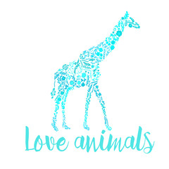 vector card with an african giraffe. cute floral giraffe. summer composition