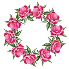 Peonies. Round frame 3. Floral wreath, isolated on white background.