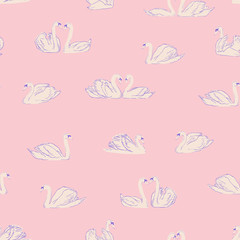 vector seamless gentle romantic graphical swan birds regular pattern, outlined silhouettes, modern stylish background print © seninaekaterina