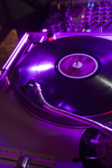 A DJ station closeup with turntables