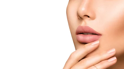Fotobehang Perfect woman's sensual lips with fashion natural beige matte lipstick makeup © Subbotina Anna