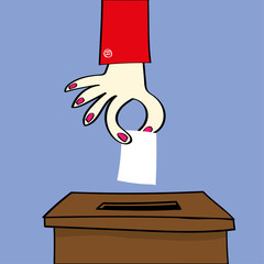 Hand of a woman or girl about to place their vote by dropping a ballot paper into the voting box