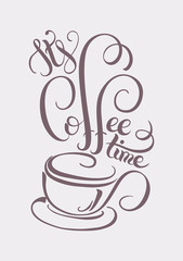 it's coffee time hand lettering inscription with a cup of coffee