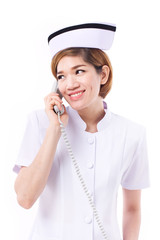 female nurse on the phone, looking up