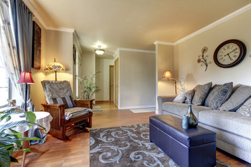 American house living room interior with large beige sofa.