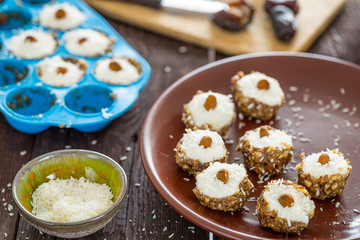 Raw Vegan Homemade Paleo Gluten-free Raffaello Bonbons, Healthy Candies, Close-up