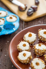 Raw Vegan Homemade Paleo Gluten-free Raffaello Bonbons, Healthy Candies, Vertical View