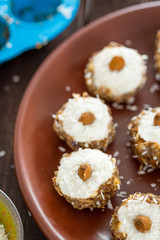 Raw Vegan Homemade Paleo Gluten-free Raffaello Bonbons, Healthy Candies, Close-up