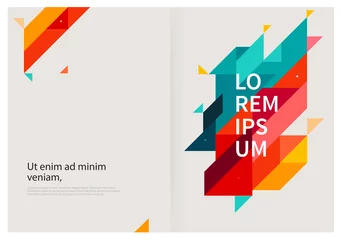 Foto op Plexiglas Minimalistic White cover Brochure design. Flyer, booklet, annual report cover template. modern Geometric Abstract background. Blue,yellow and red diagonal lines & triangles. vector-stock illustration © sollia