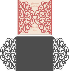 Laser Cut Invitation Card. Laser cutting pattern for invitation wedding card. Wedding invitation envelope template.