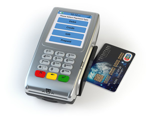 POS terminal with credit card isolated on white.