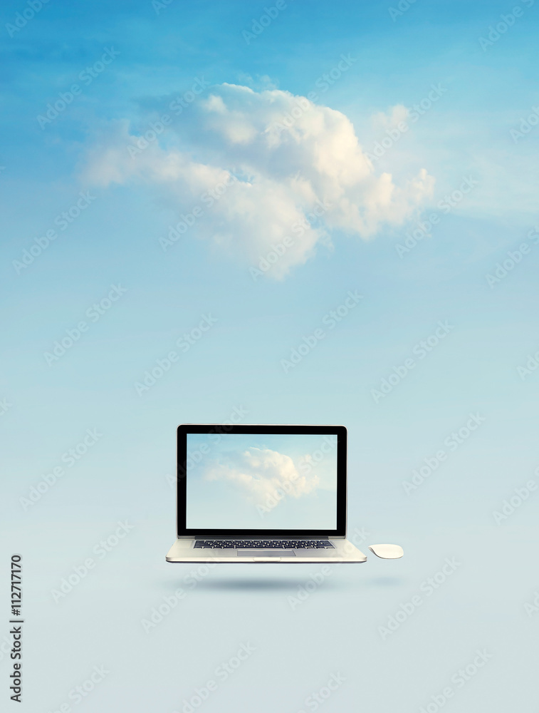 Poster Cloud computing concept, Laptop floating with cloud on screen 