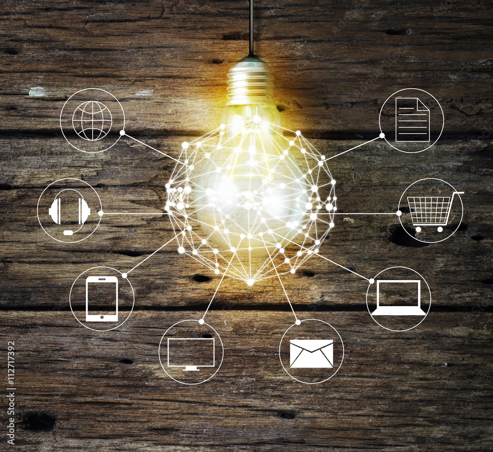 Poster light bulb circle global and icon customer network connection on wooden background
