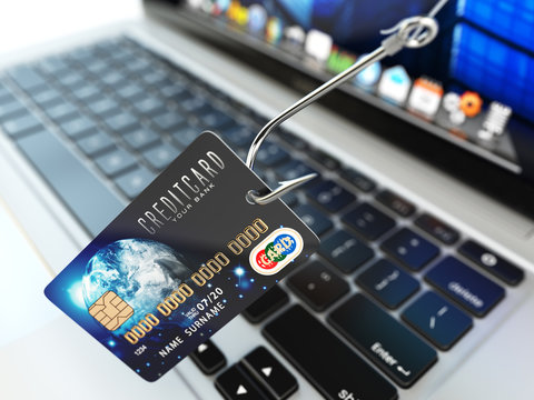 ?redit card phishing concept. Hook with credit card and laptop c