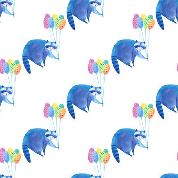 Fototapeta Bezszwowy wzór z błękitnym szop pracz i kolorowym balonem Akwareli ręka rysująca ilustracja Biały tło Zwierzęta ilustracyjne.