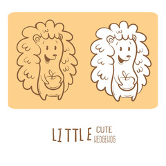 Card with cute cartoon hedgehog and apple. Little funny animal. Children's illustration. Vector image. Two variants contour  image, transparent background and white fill.