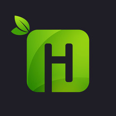 H letter logo with square and green leaves.