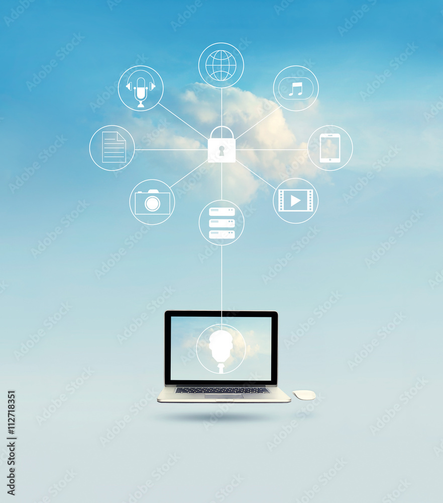 Poster Cloud computing, Laptop floating with icon network connection