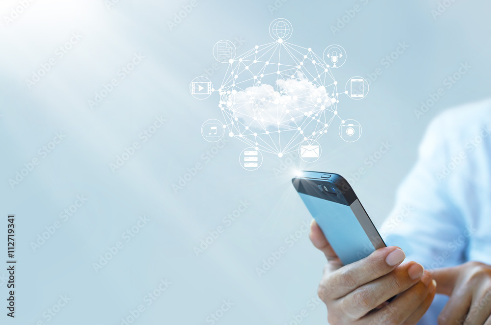 Poster businessman working with a cloud computing on smartphone