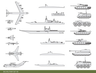 Vector illustration. Big military set: a frigate, an aircraft, tanks and other weapon.