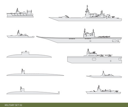 Vector illustration. Military set warships: a squadron, a minesweeper, a battleship, a fleet, a frigate and other.
