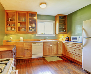 Simplistic kitchen room interior with green walls and hardwood f
